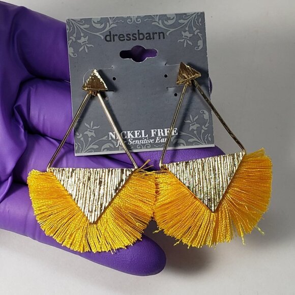 Gold Triangle Yellow Fringed Tassel Post Drop Earrings - 2.5" Women's Jewelry - Picture 8 of 9